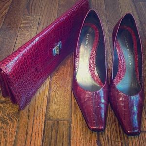 Red leather pumps with matching leather clutch